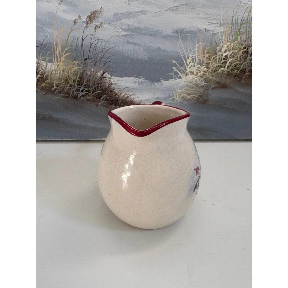 Royal Seasons Stoneware Snowman Creamer Pitcher Christmas Holiday Red Trim 4in